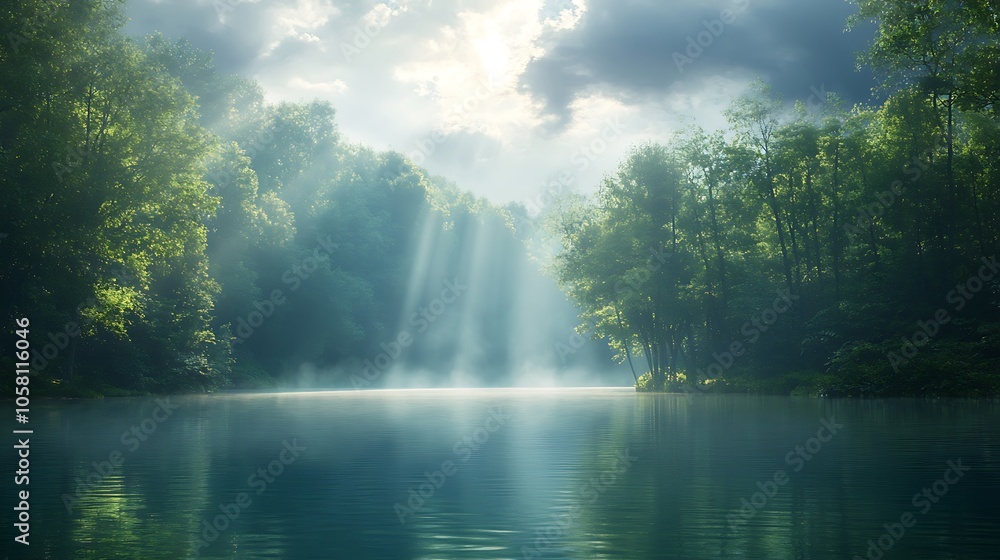 Enchanting misty morning over a serene lake surrounded by lush forests Enchanting misty morning over a serene lake surrounded by lush forests