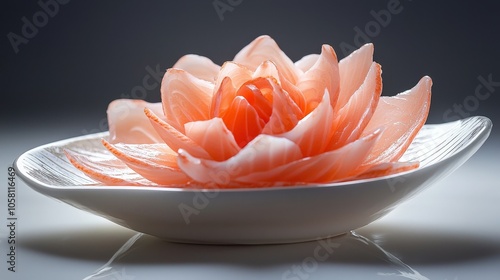 Artistic Sashimi Art illuminated by dramatic studio lighting, with fresh fish slices arranged to resemble a blossoming flower on a white ceramic plate photo