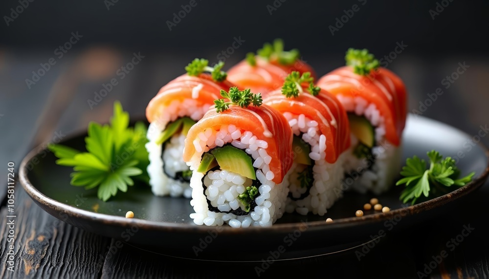 Deliciously crafted sushi rolls ready to be savored Deliciously crafted sushi rolls ready to be savored