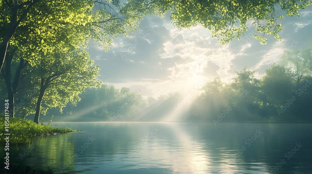 Fototapeta premium Tranquil morning light over a serene lake surrounded by lush greenery