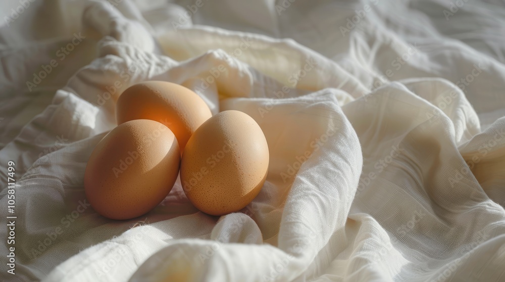 Close-up of chicken eggs on white fabric with copy space, symbolizing organic kitchen and farm-to-table cooking. Close-up of chicken eggs on white fabric with copy space, symbolizing organic kitchen and farm-to-table cooking.