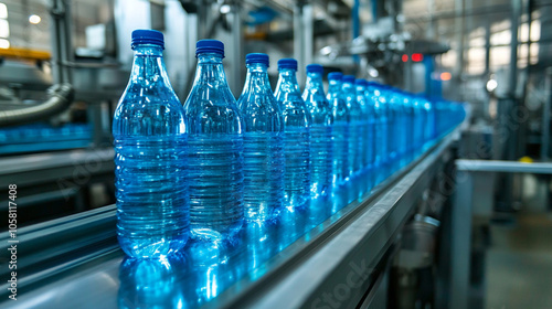 close-up view of water moving along a conveyor bottling plant production line in a factory.ai generative