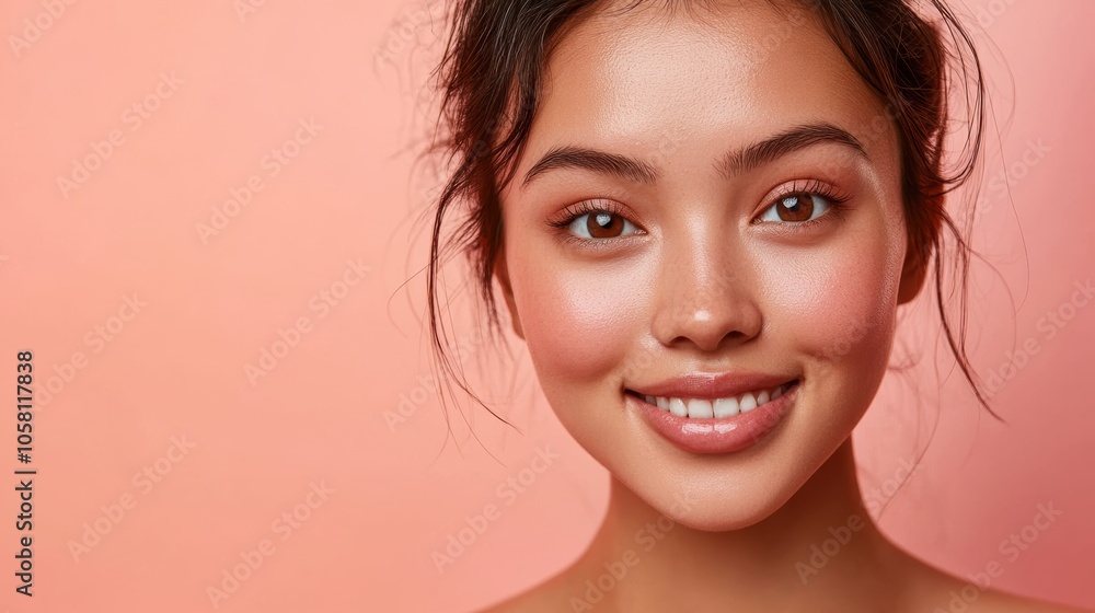 An Asian woman poses with impeccable skin against a pastel pink backdrop, reflecting skincare excellence and elegance in a commercial context. An Asian woman poses with impeccable skin against a pastel pink backdrop, reflecting skincare excellence and elegance in a commercial context.