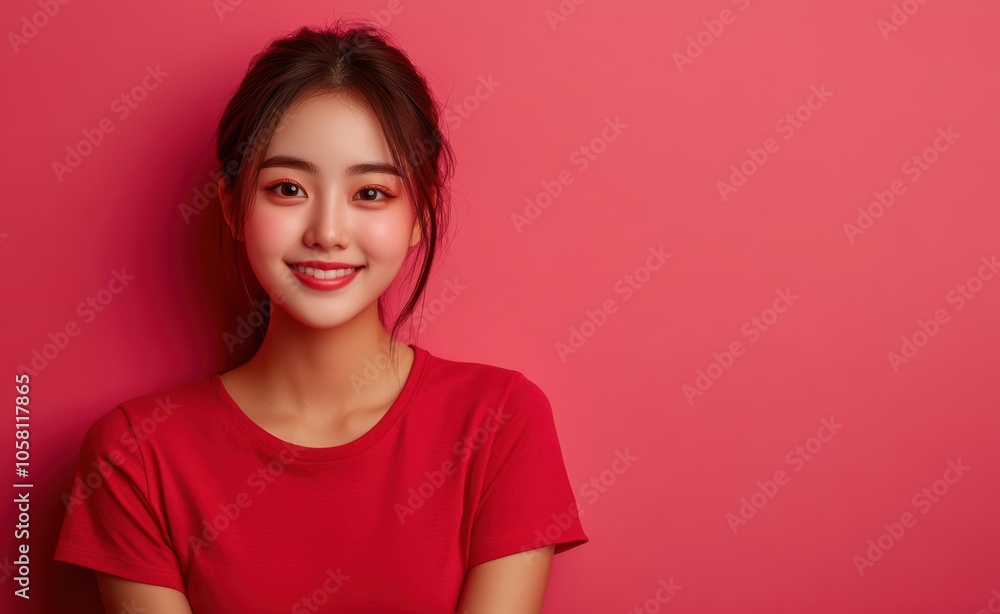 Fototapeta premium An Asian woman in a red attire stands against a matching red background, exuding warmth and friendliness, perfect for red-themed marketing campaigns.