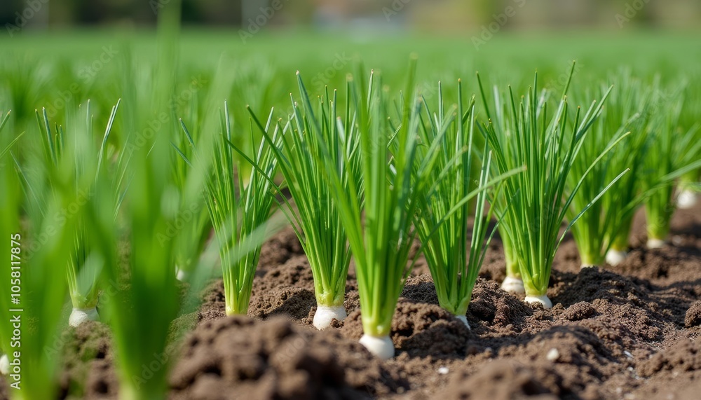 Vibrant green onion sprouts in a field Vibrant green onion sprouts in a field