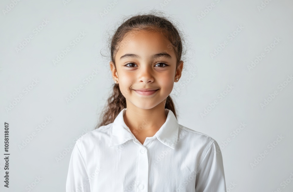 A young African girl bright smile stands out against a white background, highlighting her natural beauty and pure innocence in this charming portrait. A young African girl bright smile stands out against a white background, highlighting her natural beauty and pure innocence in this charming portrait.