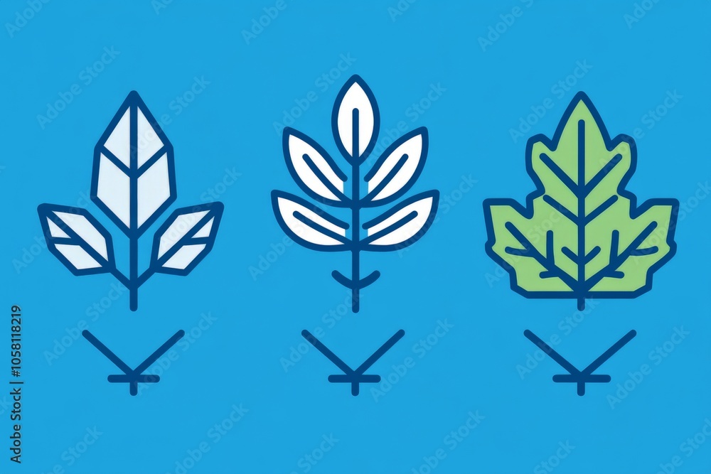 Blue and green leaf icon set with a minimalist design on a bright blue background capturing natural holiday decor in a modern fresh style Blue and green leaf icon set with a minimalist design on a bright blue background capturing natural holiday decor in a modern fresh style