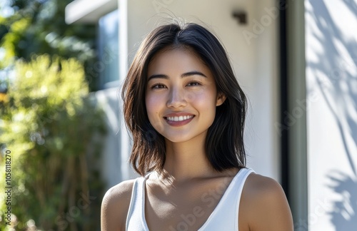Free Download Standing beside a clear blue pool, a serene young Asian woman’s simple white top and gentle smile capture the essence of elegance and tranquility in a luxurious setting. - GFXLoad