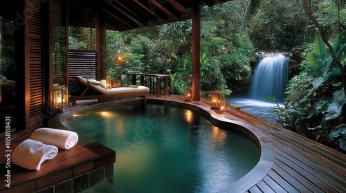 Wallpaper Mural Private plunge pool with waterfall view, surrounded by lush greenery. Torontodigital.ca