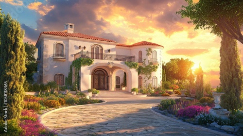 Charming 3D Illustration of Luxury Home at Sunset