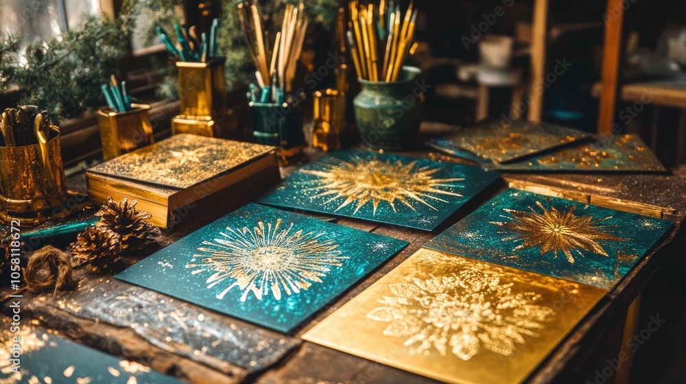 Artistic Workspace with Sparkling Gold Paintings Artistic Workspace with Sparkling Gold Paintings