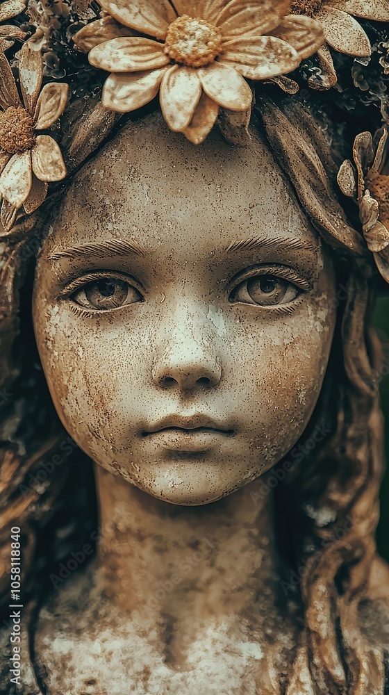 Close-Up of a Statue of a Young Girl with Flowers Close-Up of a Statue of a Young Girl with Flowers
