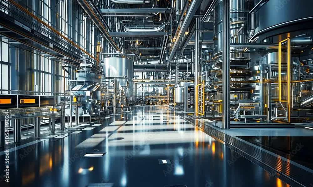 A futuristic industrial facility filled with advanced robotic machinery A futuristic industrial facility filled with advanced robotic machinery