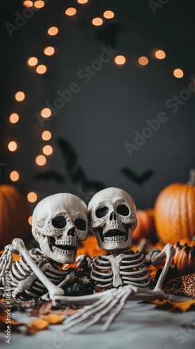 Halloween Table Decor with Skeletons and Pumpkins