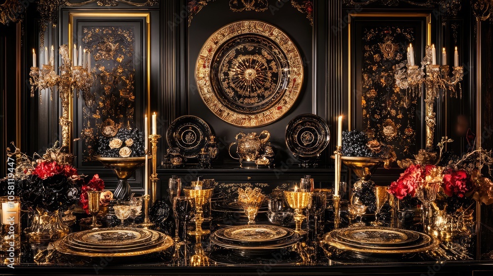Elegant Dark Table Setting with Golden Accents Elegant Dark Table Setting with Golden Accents
