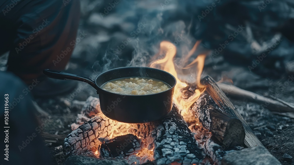 Close-Up of Hot Soup Being Served from Camping Pot Close-Up of Hot Soup Being Served from Camping Pot