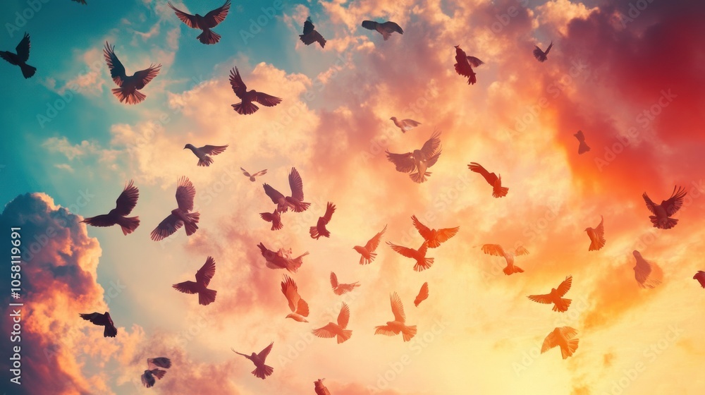 Birds Flying in a Dramatic Sunset Sky Birds Flying in a Dramatic Sunset Sky