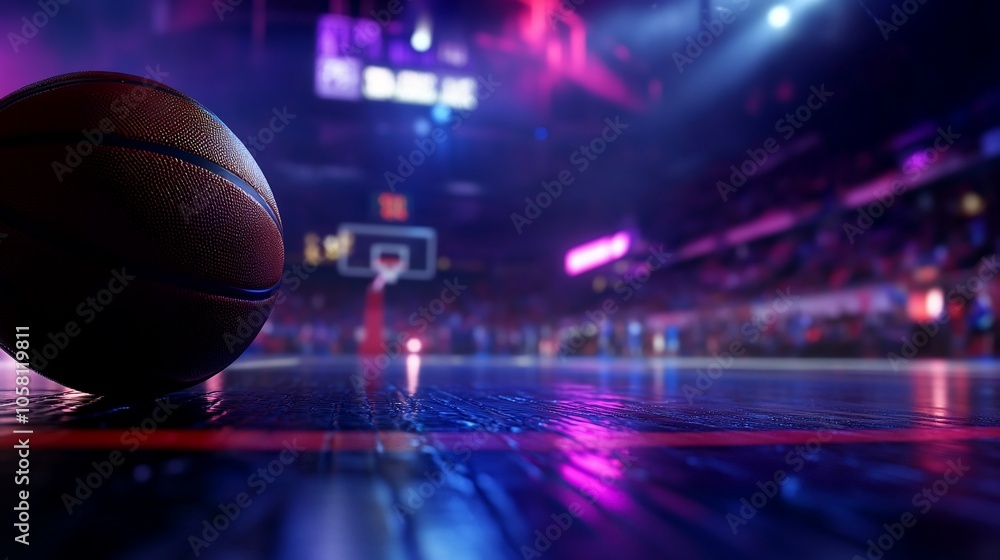 A basketball on a hardwood court in an arena with a crowd and lights in the background. A basketball on a hardwood court in an arena with a crowd and lights in the background.