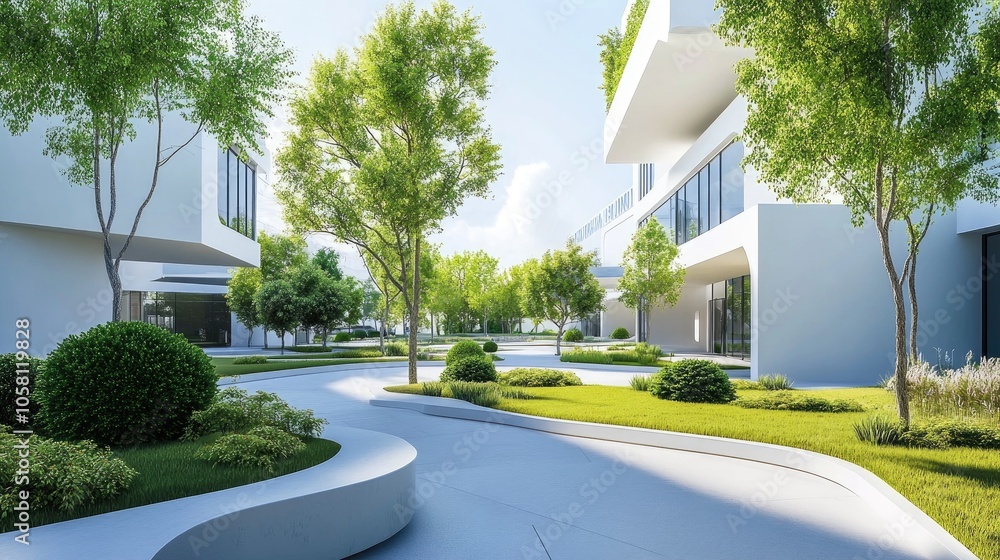 Modern Educational 3D Illustration with Greenery Modern Educational 3D Illustration with Greenery