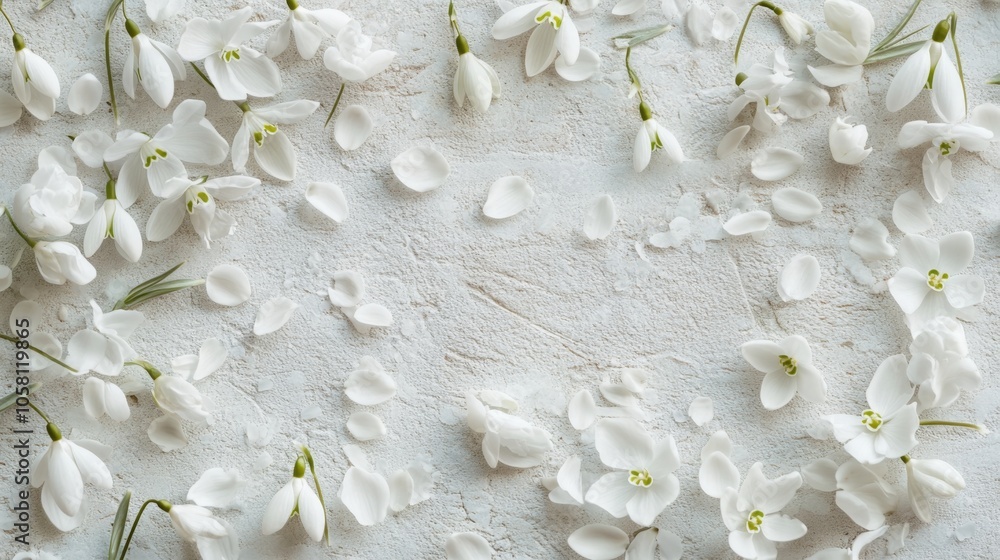 Delicate white snowdrop flowers and petals scattered across a light textured background, evoking a sense of spring freshness and tranquility. The arrangement highlights the beauty of nature. Delicate white snowdrop flowers and petals scattered across a light textured background, evoking a sense of spring freshness and tranquility. The arrangement highlights the beauty of nature.