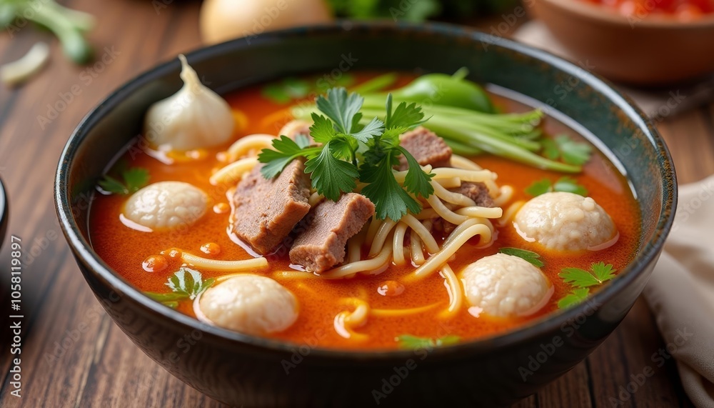 Delicious bowl of beef noodle soup with dumplings and herbs Delicious bowl of beef noodle soup with dumplings and herbs