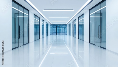 Modern empty office corridor with glass doors and white walls.