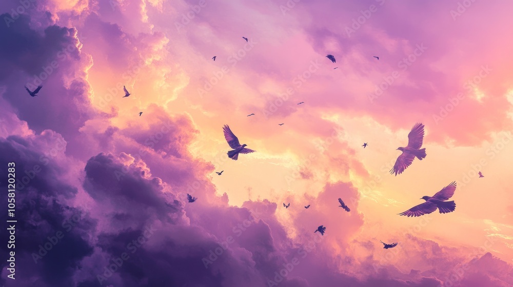 Birds Flying Through a Dreamlike Sunset Sky Birds Flying Through a Dreamlike Sunset Sky