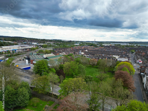 Aerial View of Central Stock-on-Trent City of England, United Kingdom. Aerial Footage Was Captured with Drone's Camera During Mostly Cloudy Day of May 4th, 2024