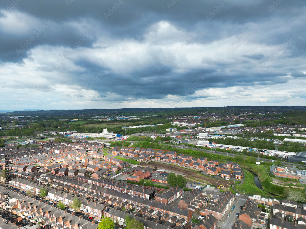 Obraz premium Aerial View of Central Stock-on-Trent City of England, United Kingdom. Aerial Footage Was Captured with Drone's Camera During Mostly Cloudy Day of May 4th, 2024