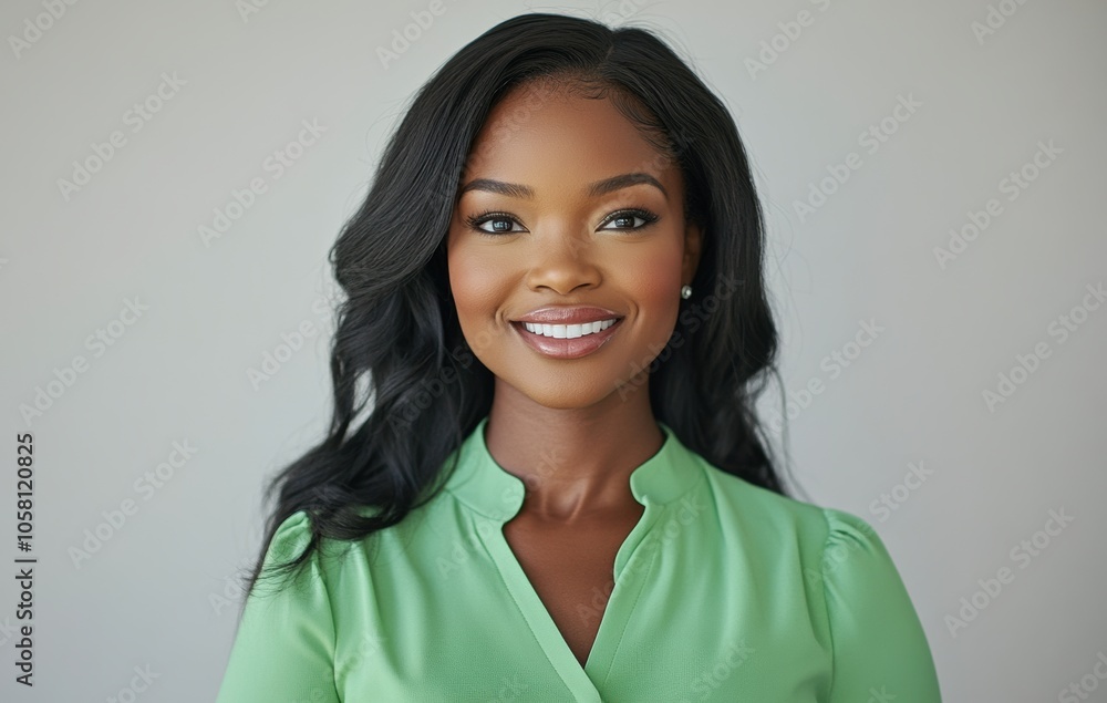 A close up of a happy smiling portrait black woman with simple hair and a joyful smile in a vivid colorful shirt on clear white background. A close up of a happy smiling portrait black woman with simple hair and a joyful smile in a vivid colorful shirt on clear white background.
