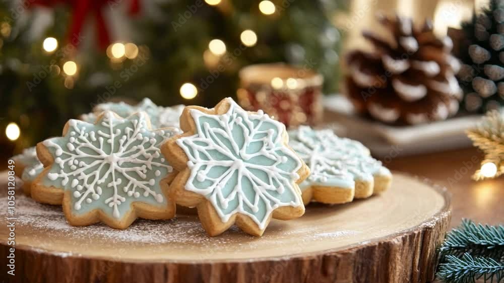 Decorative snowflake cookies displayed on a wooden platter during the holiday season Decorative snowflake cookies displayed on a wooden platter during the holiday season