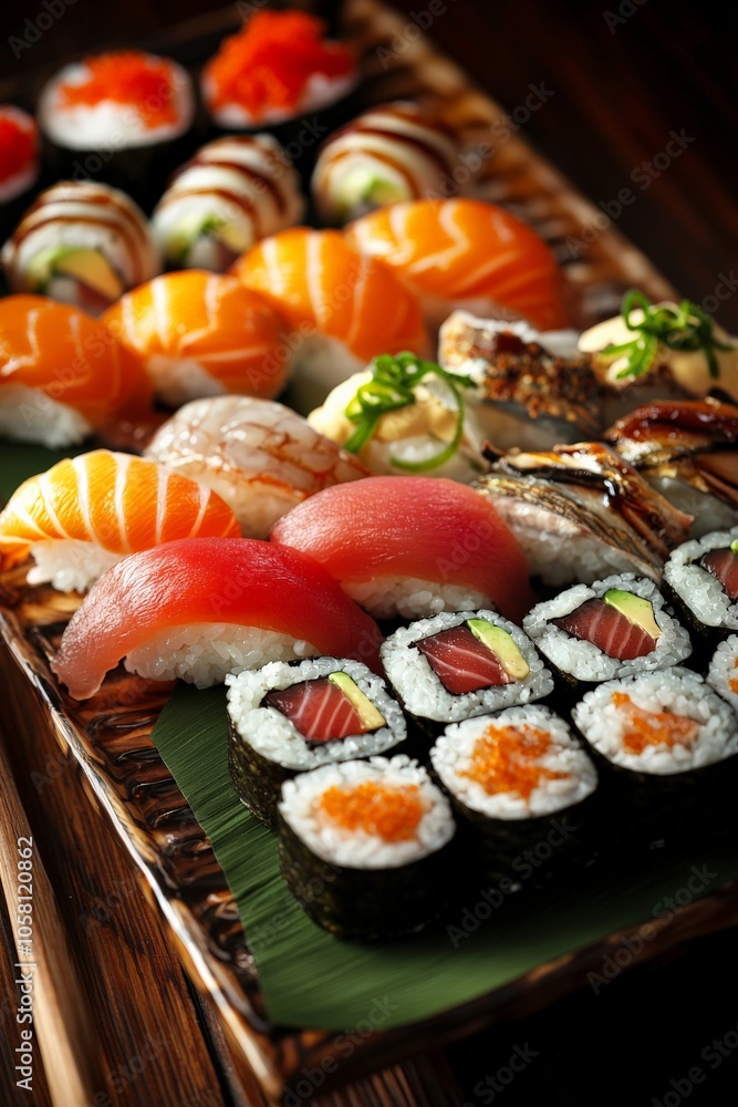 Bright studio lighting illuminating a luxurious Sushi and Sashimi platter, with soft shadows and highlights enhancing the texture of the fish and sushi rice Bright studio lighting illuminating a luxurious Sushi and Sashimi platter, with soft shadows and highlights enhancing the texture of the fish and sushi rice