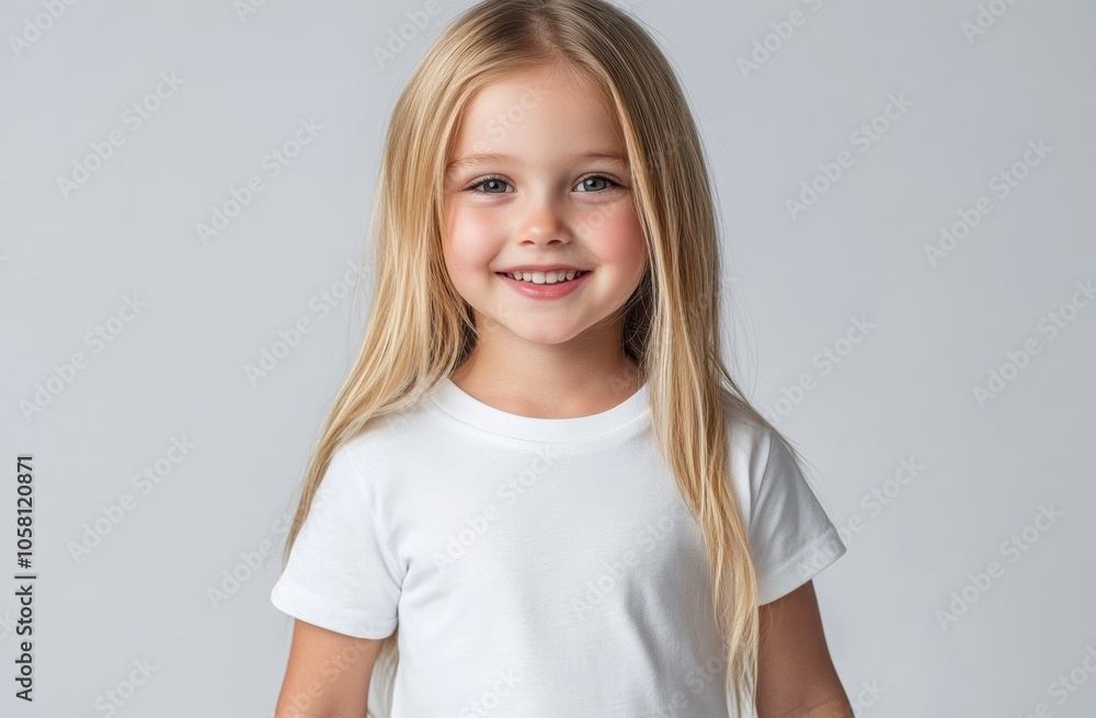 Fototapeta premium A young blonde child with long hair smiles gently, wearing a white shirt, against a neutral light background. The child’s soft expression and natural look create a warm, calm atmosphere.