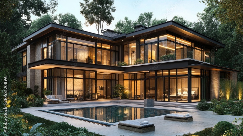 Fototapeta premium Modern House 3D Rendering with Pool and Garden