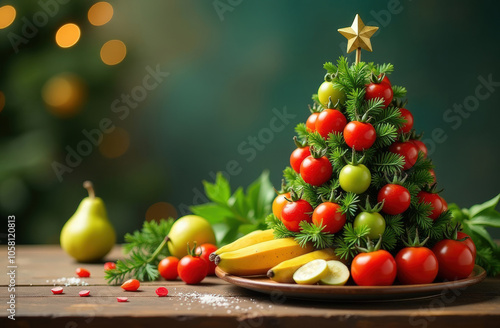 Creative Christmas tree made from fresh produce with golden star topper