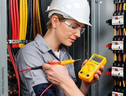 Electrical engineer testing installations and wiring with digital multimeter (1)