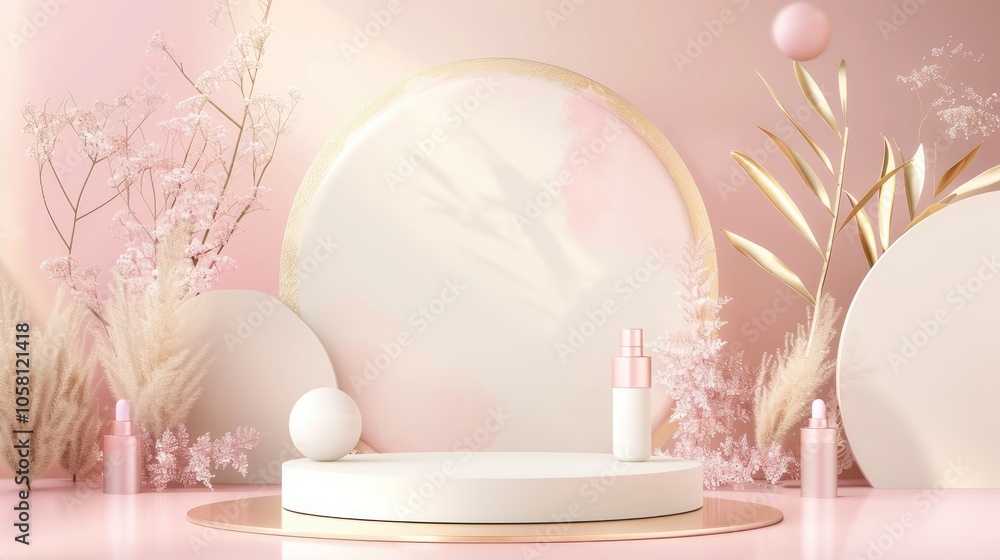 Abstract setting with white podium on pink and gold background for displaying cosmetic products Abstract setting with white podium on pink and gold background for displaying cosmetic products