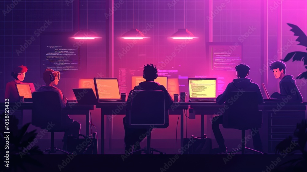 Late Night Coders Working in a Modern Office Late Night Coders Working in a Modern Office