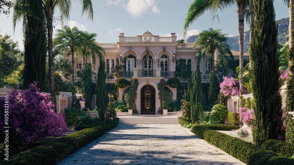 Obraz premium Luxurious Villa Surrounded by Lush Gardens and Palm Trees