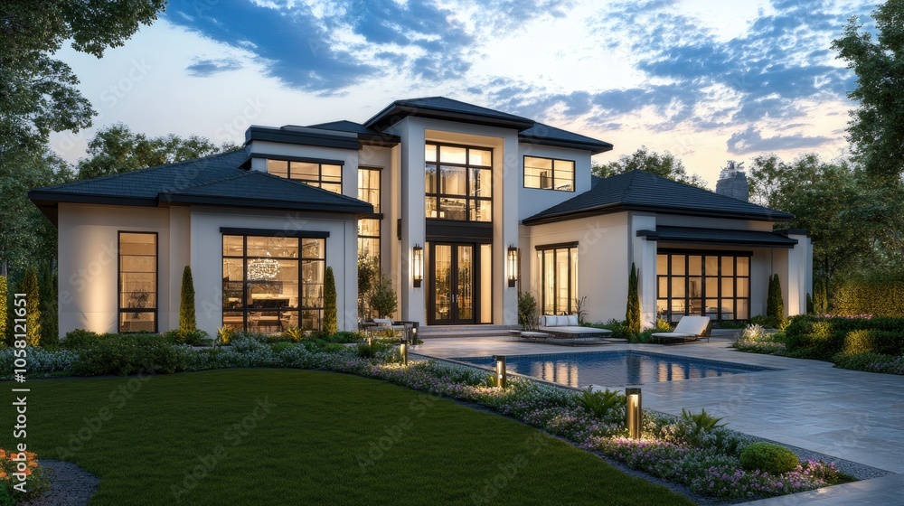 Modern Home Exterior View at Dusk Modern Home Exterior View at Dusk