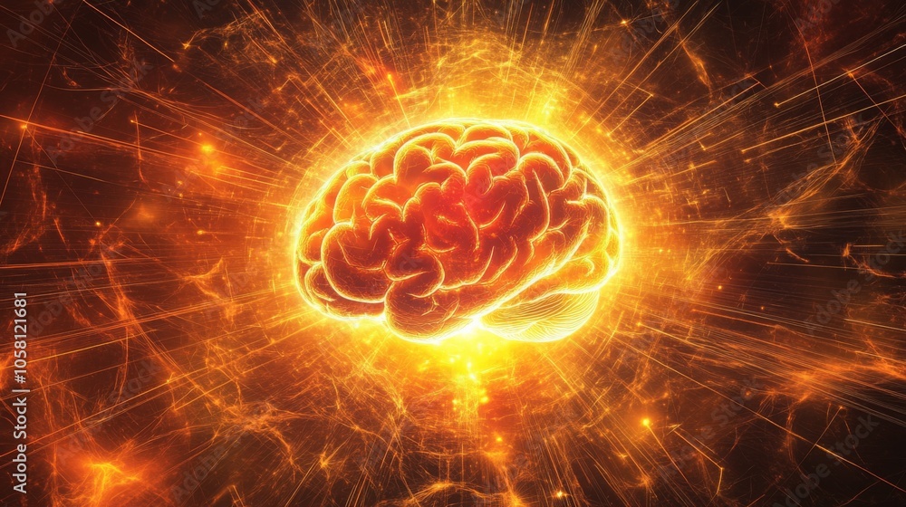 The image showcases a glowing brain at the center, radiating bright energy bursts in all directions. The image showcases a glowing brain at the center, radiating bright energy bursts in all directions.