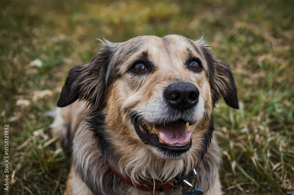 Happy Old Dog Portrait Looking Up - Top View Happy Old Dog Portrait Looking Up - Top View
