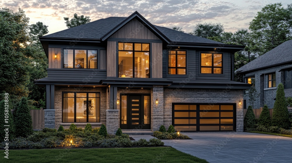 Modern Gray House with Wood Accents at Dusk Modern Gray House with Wood Accents at Dusk