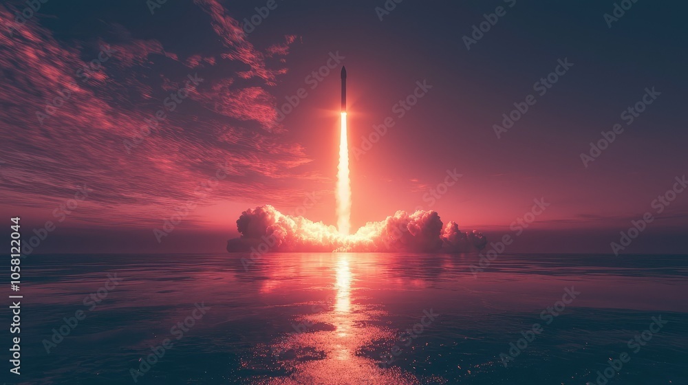 Dramatic Rocket Launch Viewed from Behind at Sunset Dramatic Rocket Launch Viewed from Behind at Sunset