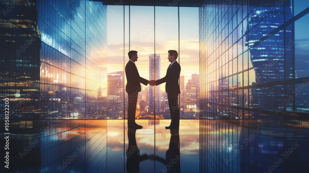 Business Deal: Two Silhouettes Shaking Hands Against a Cityscape Business Deal: Two Silhouettes Shaking Hands Against a Cityscape