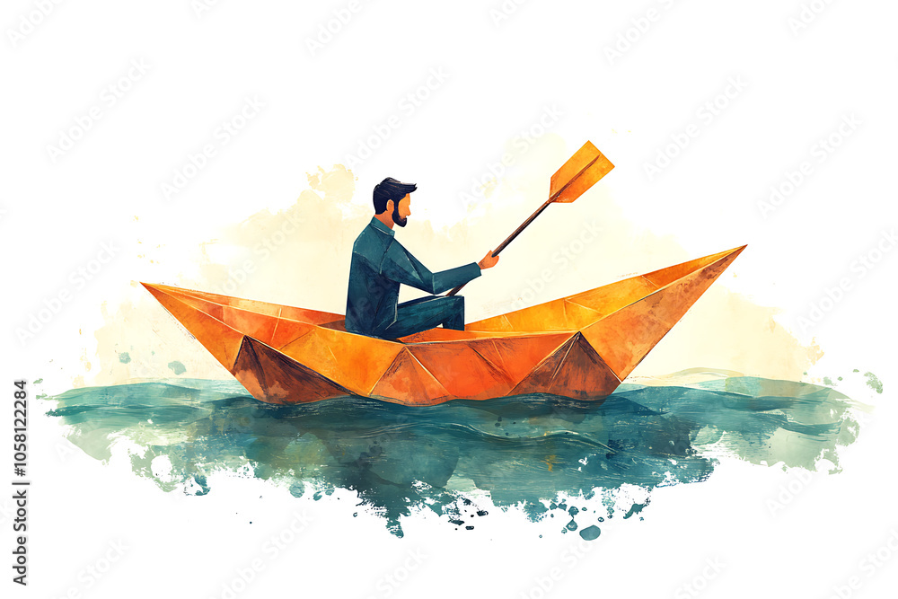 Businessman in a paper boat with an oar in hands. Isolated illustration Businessman in a paper boat with an oar in hands. Isolated illustration