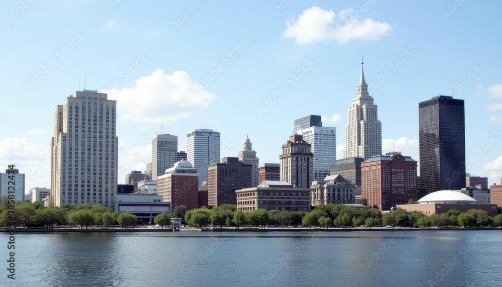 Elegant cityscape with serene waterfront Elegant cityscape with serene waterfront