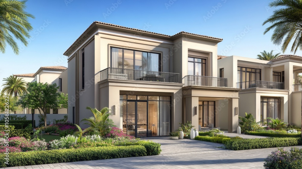 Fototapeta premium Modern Villa with Lush Landscaping and Clear Sky