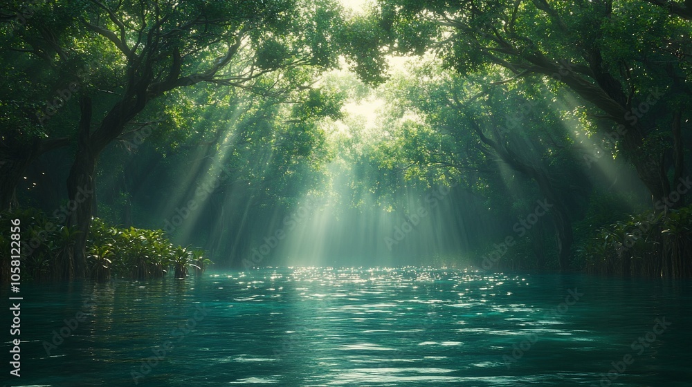 Sunbeams illuminate a tranquil river flowing through a lush green forest. Sunbeams illuminate a tranquil river flowing through a lush green forest.