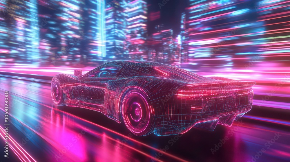 A futuristic sports car with a glowing wireframe design speeds through a city at night with vibrant neon lights. A futuristic sports car with a glowing wireframe design speeds through a city at night with vibrant neon lights.